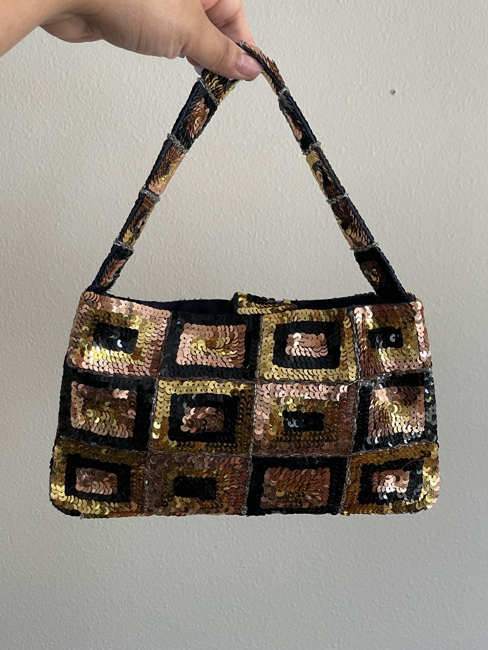 Sequined Rectangular Shoulder Bag in Gold & Black
